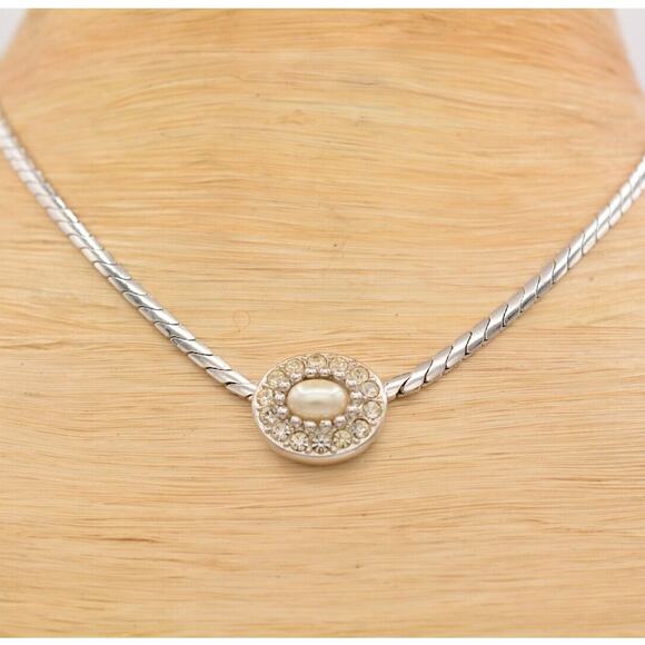 Christian Dior Vintage Collar Necklace Rhinestone Pearl Silver Signed 80s Bin7A - Picture 2 of 12